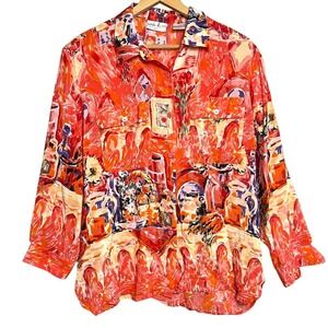 Vintage Natalie &‎ Me 100% Silk Button Down Abstract Shirt Top Women's Petite L